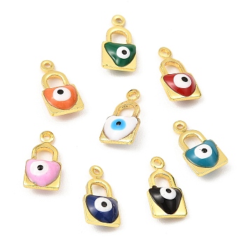 Brass Enamel Charms, Real 18K Gold Plated, Long-Lasting Plated, Lead Free & Cadmium Free, Lock with Evil Eye Charm, Mixed Color, 12x6x3.5mm, Hole: 1mm