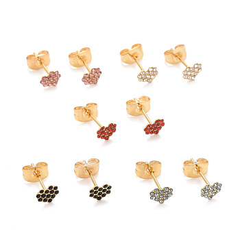 304 Stainless Steel Rhinestone Stud Earrings, with 316 Surgical Stainless Steel Pin, Golden, Heart, Mixed Color, 5.5x5x1mm, Pin: 0.8mm