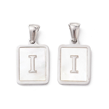 304 Stainless Steel Pave Shell Pendants, Rectangle Charm, Stainless Steel Color, Letter I, 17.5x12x1.5mm, Hole: 3x5mm
