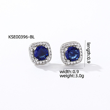 Elegant Zircon Square Stud Earrings for Women, Fashionable and Versatile, Square, Silver, Dark Blue, 9x9mm