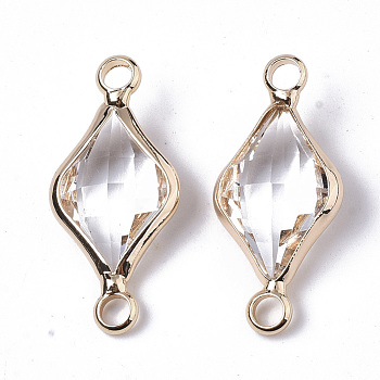 Glass Links, with Real 18K Gold Plated Brass Findings, Nickel Free, Faceted, Rhombus, Clear, 22x10x5mm, Hole: 1.8mm
