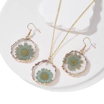 Inner Dried Flower Resin Dangle Earring & Pendant Necklaces Sets, Brass Jewelry Sets for Women, Flat Round, Golden, 19.88 inch(505mm)