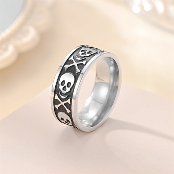 Retro 201 Stainless Steel Enamel Finger Rings for Men, Skull, Carved Ring, Antique Silver, US Size 8(18.1mm)