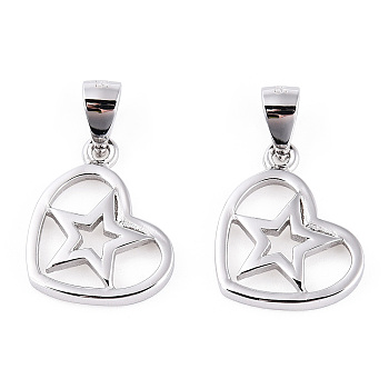 Rhodium Plated 925 Sterling Silver Heart with Star Pendants, Hollow Charms with 925 Stamp, Real Platinum Plated, 15.5x13x2mm, Hole: 3x4.5mm