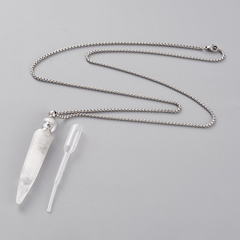 Natural Quartz Crystal Openable Perfume Bottle Pendant Necklaces, with 304 Stainless Steel Box Chains and Plastic Dropper, Bullet, Stainless Steel Color, 27.75 inch(70.5cm), Bottle Capacity: 2~3ml(0.06~0.1 fl. oz)