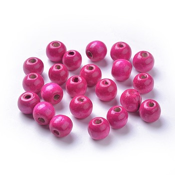 Dyed Natural Wood Beads, Round, Lead Free, Deep Pink, 12x11mm, Hole: 4mm, about 1800pcs/1000g