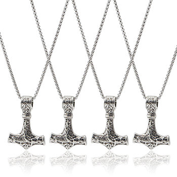 4Pcs Titanium Steel Norse Viking Hammer Pendant Necklace with Box Chains for Men, Antique Silver & Stainless Steel Color, 25.20 inch(64cm)