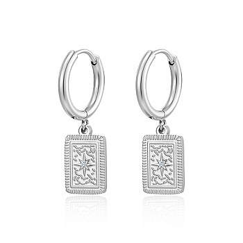 304 Stainless Steel Rhinestone Hoop Earrings, Rectangle with Star, Stainless Steel Color, no size
