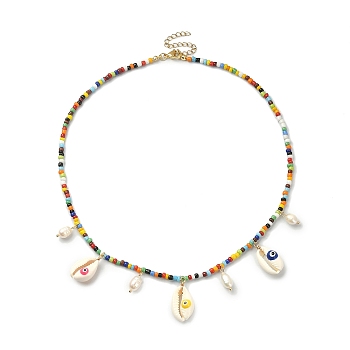 Natural Shell Evil Eye & Pearl Bib Necklace with Glass Seed Beaded Chains, Colorful, 17.76 inch(45.1cm)