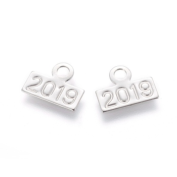 304 Stainless Steel Charms, Rectangle with Birth Year 2019, Stainless Steel Color, 10x12x0.5mm, Hole: 2.4mm