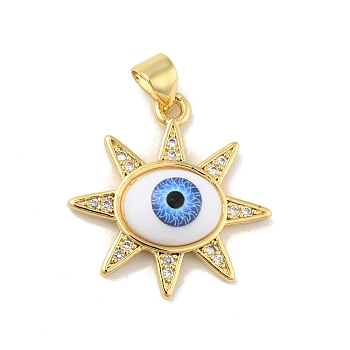 Brass Micro Pave Cubic Zirconia Pendants, with Acrylic, Cadmium Free & Lead Free, Long-Lasting Plated, Real 18K Gold Plated, Sun with Evil Eye, Royal Blue, 21x21.5x5mm, Hole: 4x3.5mm