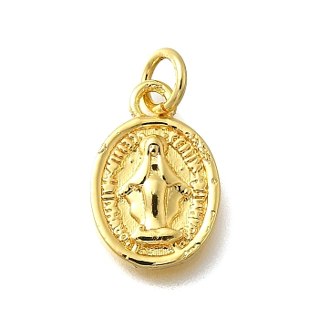 Brass Pendants, Oval, Lead Free & Cadmium Free, Real 18K Gold Plated, Rack Plating, Religion, with Jump Ring, Virgin, 14.5x9.5x2mm, Hole: 3mm