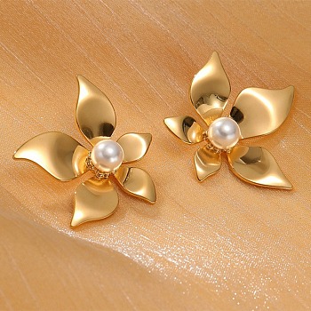 304 Stainless Steel ABS pearl Stud Earrings, White, Flower, 36x32mm