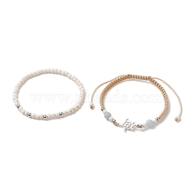 2Pcs 2 Style Synthetic Turquoise(Dyed) & Natural White Jade Braided Bead Bracelets Set(BJEW-JB09255)-4