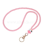 1Pc Cow Head & Round Beaded Silicone ID Card Neck Strap Card Holders, with Alloy Split Key Rings & Swivel Lobster Claw Clasps, Pink, 465mm(NJEW-SW00026-04)