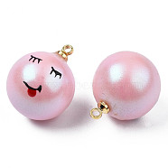 ABS Plastic Imitation Pearl Pendants, with Enamel and Golden Plated Brass Loops, Round with Expression, Pink, 17x14mm, Hole: 1.4mm(KY-N015-111)