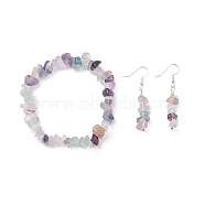 Natural Fluorite Chips Beaded Jewelry Set, Gemstone Stretch Bracelets & Dangle Earrings for Women, Platinum, 35mm, Pin: 0.5mm, Inner Diameter: 2-1/8 inch(55mm)(X-SJEW-JS01232-02)