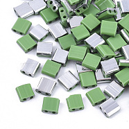 2-Hole Glass Seed Beads, Half Platinum Plated Colours, Square, Light Green, 5x4.5~5.5x2~2.5mm, Hole: 0.5~0.8mm, about 118pcs/10g(X-SEED-S031-L-047-K)
