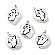Baroque Style Natural Keshi Pearl Pendants with Enamel, Halloween Flat Round Charms with Golden Tone Brass Pendant Bails, Seashell Color, Ghost, 21~23x16~17.5x4~7.5mm, Hole: 1.2mm(PEAR-G013-02G)