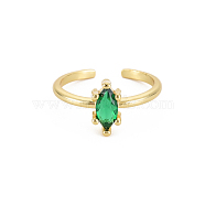 Glass Oval Open Cuff Ring, Real 18K Gold Plated Brass Jewelry for Women, Cadmium Free & Lead Free, Dark Green, US Size 6 3/4(17.1mm)(RJEW-S049-014G)