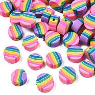 Handmade Polymer Clay Beads, Flat Round with Stripe Pattern, Colorful, 8~9.5x4~5mm, Hole: 1mm(X1-CLAY-Q252-02)