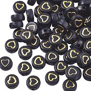 Opaque Acrylic Beads, Flat Round with Heart, Golden Plated, Black, 7x3~4mm, Hole: 1.5mm, about 1850pcs/250g(PACR-SZ0001-002B)