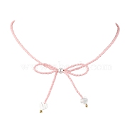 Glass Seed Pendants Necklaces for Women, Bowknot, Pink, 15.94 inch(40.5cm)(NJEW-MZ00031-05)