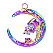 Stainless Steel Pendants, Moon with Skull Charms, Rainbow Color, 29x24x2mm, Hole: 2.8mm(FIND-PW0011-046MC)