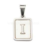 304 Stainless Steel Pave Natural White Shell Pendants, Rectangle with Letter Charms, Stainless Steel Color, Letter I, 17.5x12x1.5mm, Hole: 6x3mm(STAS-S130-03P-I)