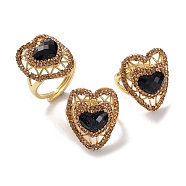 Heart Synthetic Blue Goldstone Finger Rings, Brass Rhinestone Adjustable Rings for Women, Long-Lasting Plated, Golden, 25mm, US Size 8 1/2(18.5mm)(RJEW-K286-06G)