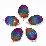 Natural Druzy Agate Links Connectors, with Edge Golden Plated Iron Loop, Oval, Dyed, Colorful, 51x30~31x11~12.5mm, Hole: 2mm(G-R469-01)