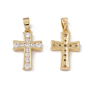Brass Cubic Zirconia Pendant, with Glass, Real 18K Gold Plated, Religion Cross Charm, Clear, 20x13x2.5mm, Hole: 4.5x3mm(KK-E068-VC063)