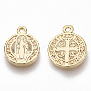 Brass Charms, for Religion, Nickel Free, Flat Round with Saint Benedict Medal, Real 18K Gold Plated, 13x10.5x1.5mm, Hole: 1mm(X-KK-S355-006G-NF)