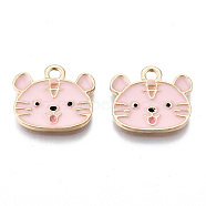 Light Gold Plated Alloy Enamel Pendants, Cadmium Free & Lead Free, Tiger, Pink, 13.5x15x1.5mm, Hole: 1.8mm(ENAM-T009-83C-RS)