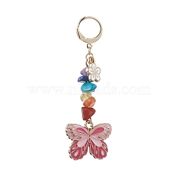 Butterfly Alloy Emamel Pendant Decorations, with Chakra Gemstone Beads and 304 Stainless Steel Leverback Earring Findings, Flamingo, 63mm(HJEW-JM01747-01)