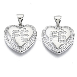 Brass Micro Pave Cubic Zirconia Pendants, with Snap on Bail, Nickel Free, Heart with Letter, Clear, Real Platinum Plated, 17x17x3.5mm, Hole: 4.5x3.5mm(ZIRC-S061-192P-NF)