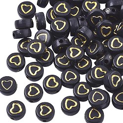 Opaque Acrylic Beads, Flat Round with Heart, Golden Plated, Black, 7x3~4mm, Hole: 1.5mm, about 1850pcs/250g(PACR-SZ0001-002B)