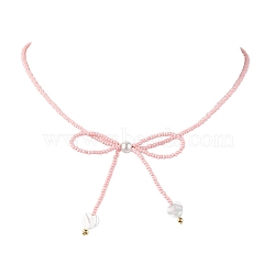 Glass Seed Pendant Necklaces for Women, Bowknot, Pink, 15.94 inch(40.5cm)(NJEW-MZ00031-05)