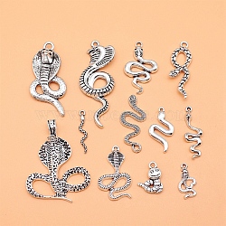 12Pcs Tibetan Style Alloy Pendants, Snake Charms, Antique Silver, 20~45x10~30mm(PW-WGE54F8-01)