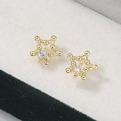 Brass Clear Cubic Zirconia Stud Earrings, Star, Real 18K Gold Plated, 7.5x8mm(EJEW-Q014-13G)