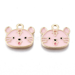 Light Gold Plated Alloy Enamel Pendants, Cadmium Free & Lead Free, Tiger, Pink, 13.5x15x1.5mm, Hole: 1.8mm(ENAM-T009-83C-RS)