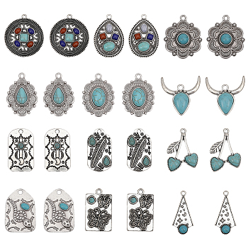 24Pcs 12 Style Synthetic Turquoise Pendants, Geometric Charms, with Rack Plating Alloy Findings, Mixed Shapes, Antique Silver, 26~37x16~38x5~7mm, Hole: 2.5~3mm, 2pcs/style