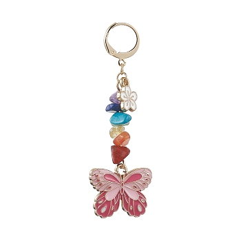 Butterfly Alloy Emamel Pendant Decorations, with Chakra Gemstone Beads and 304 Stainless Steel Leverback Earring Findings, Flamingo, 63mm