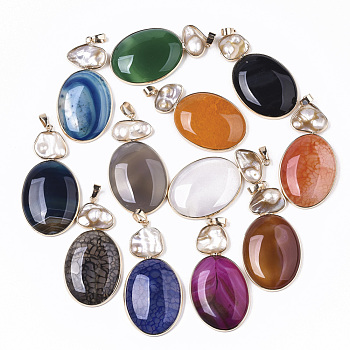 Natural Agate Big Pendants, with Light Gold Tone Brass Edge & Snap on Bails, Natural Keshi Pearl Beads, Dyed, Oval, Mixed Color, 55~60x31x7mm, Hole: 8x5mm
