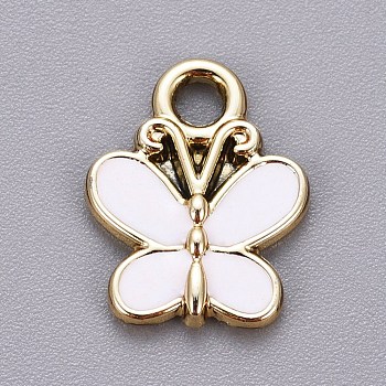 Light Gold Plated Alloy Charms, with Enamel, Butterfly, White, 15x11.5x2mm, Hole: 2mm