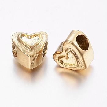 304 Stainless Steel European Beads, Large Hole Beads, Heart, Golden, 10.5x11x9mm, Hole: 5mm
