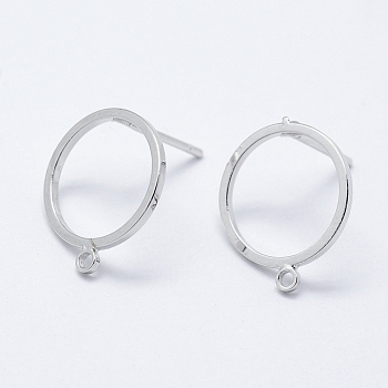 Brass Stud Earring Findings, with Loop, Long-Lasting Plated, Nickel Free, Ring, Real Platinum Plated, 12x10x1mm, Hole: 1mm, Pin: 0.8mm