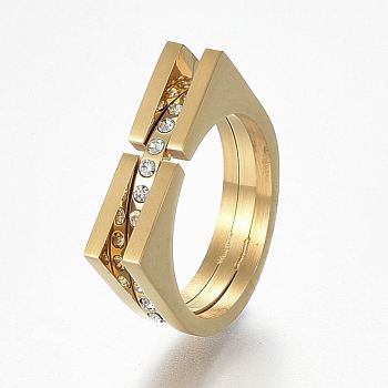 304 Stainless Steel Wide Band Finger Rings, with Rhinestone, Size 8, Golden, 18mm