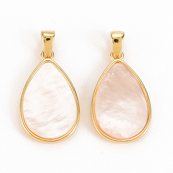 Natural Shell Pendants, with Brass Findings, Nickel Free, Teardrop, Real 18K Gold Plated, 23x11.5x2mm, Hole: 3.5x2mm.