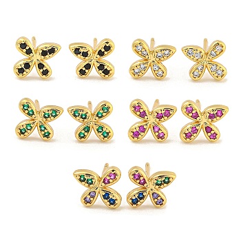 Rack Plating Brass Micro Pave Clear Cubic Zirconia Stud Earrings, with Ear Nuts, Long-Lasting Plated, Flower, Mixed Color, 7.5x8.5mm